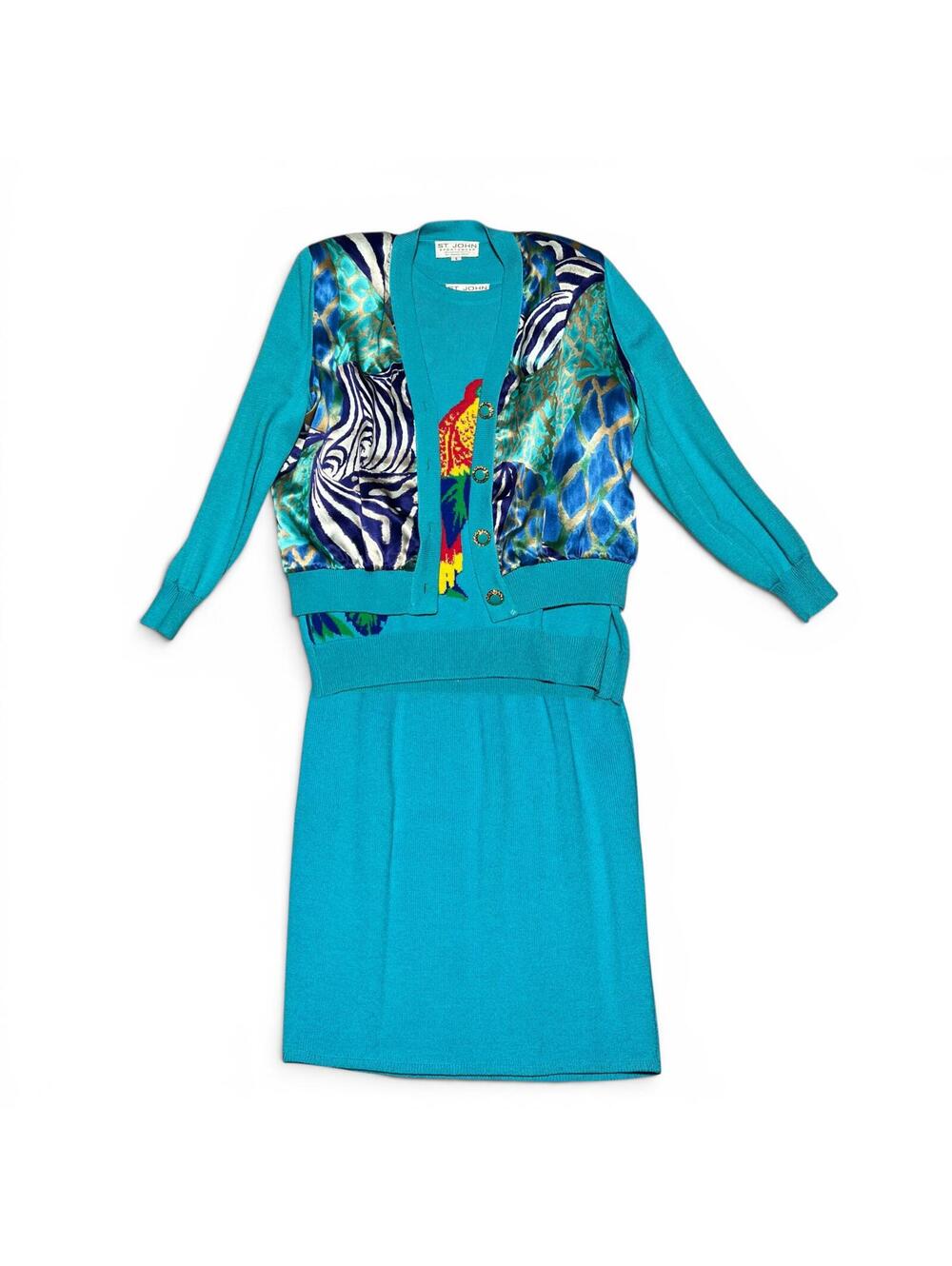 Vintage St. John Teal Knit Skirt and Short Sleeve Top Set with Mixed Prints